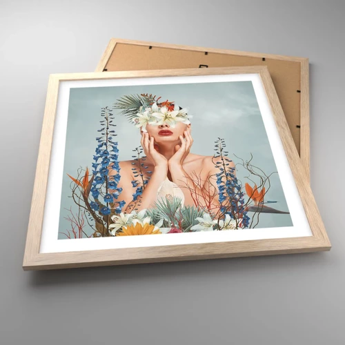 Plagát v ráme zo svetlého duba - Žena – kvetina - 40x40 cm