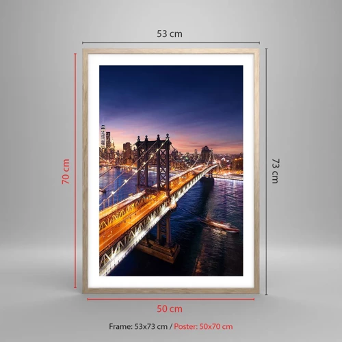 Plagát v ráme zo svetlého duba - Žiariaci most do srdca mesta - 50x70 cm
